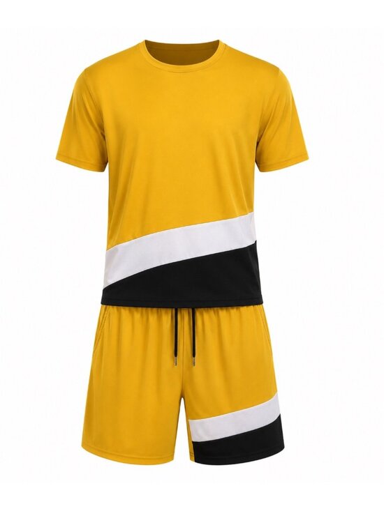 SHEIN Other - Yellow & Black Colorblock Mens Two-Piece T-Shirt And Shorts Set - XL